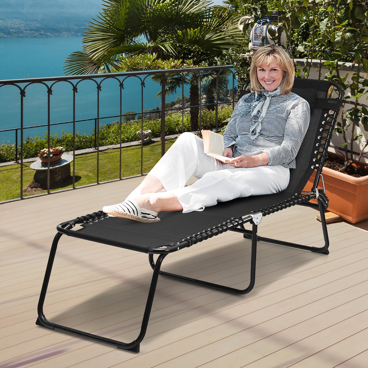 Costway Folding Beach Lounge Chair Heightening Design Patio Lounger w/ Pillow Black\Grey